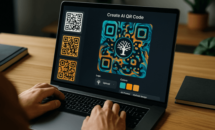Person designing an AI-generated QR code with templates on a laptop