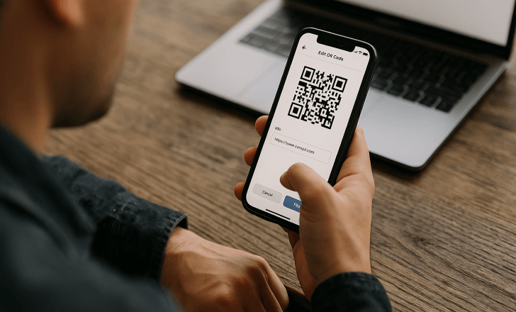 Person editing a QR code on a smartphone while sitting at a wooden table with a laptop in the background
