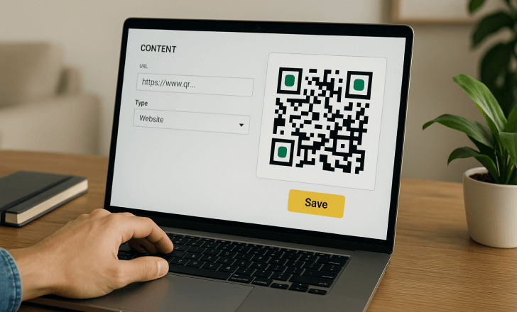 Person editing a dynamic QR code type and URL on a laptop interface with a save button visible