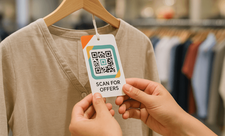 Person holding a clothing tag with a custom QR code offering promotions, attached to a beige dress.
