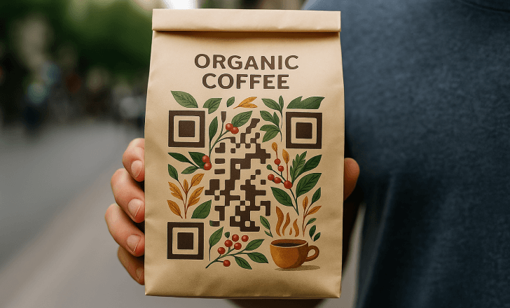 Person holding a coffee bag with an artistic QR code and botanical design on a city street.