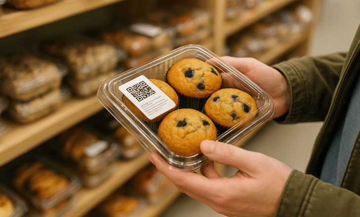 Person holding a package of blueberry muffins with a QR code label in a supermarket