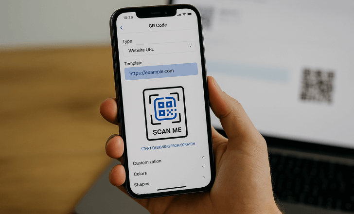 Person holding a smartphone while designing a custom QR code with template options on-screen.