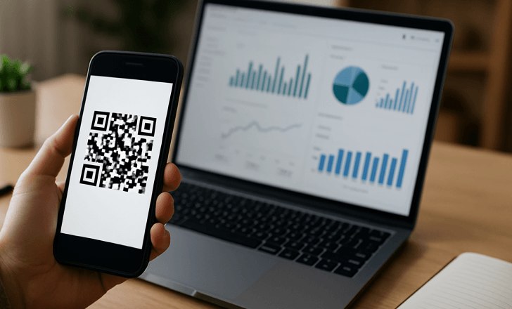 Person holding a smartphone with a QR code in front of a laptop displaying analytics in a bright workspace
