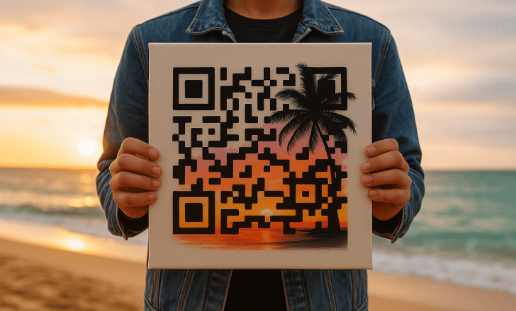 Person holding a sunset-themed artistic QR code on a beach at golden hour
