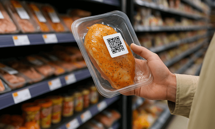Person holding a vacuum-sealed chicken breast with a QR code label in a grocery store