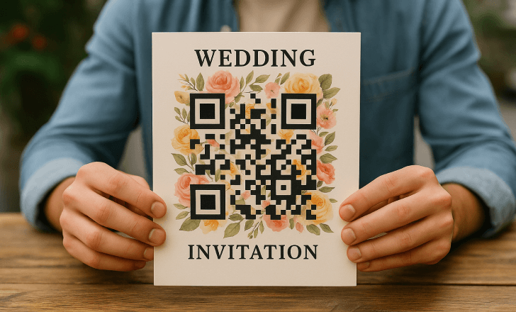 Person holding a wedding invitation with an artistic floral QR code.
