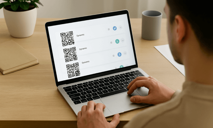 Person managing a list of dynamic QR codes on a laptop in a well-lit home office