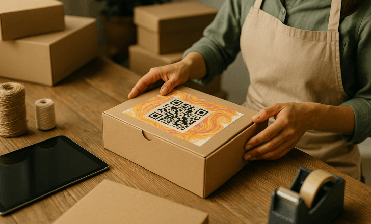Person packing a box with a colorful artistic QR code label in an artisan workspace, surrounded by packing materials and tools.