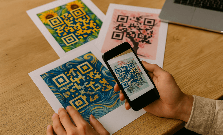Person reviewing printed artistic QR codes on a desk with a smartphone.