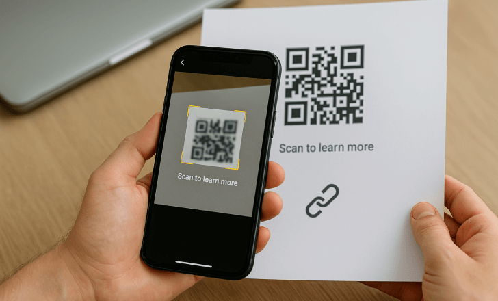 Person scanning a printed QR code with a smartphone that reads “Scan to learn more” on both devices