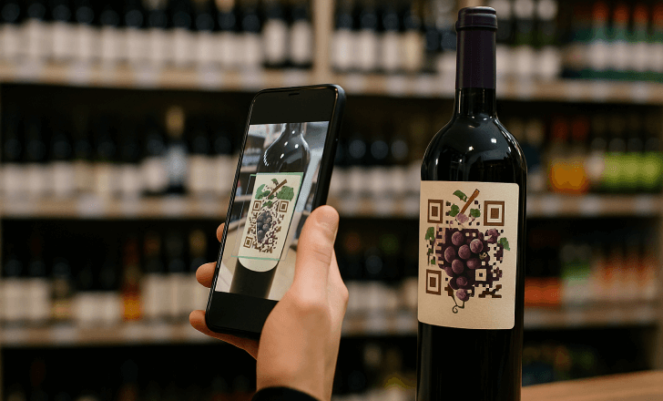 Person scanning an artistic AI-generated QR code with grape motif on a wine bottle label using a smartphone in a liquor store.