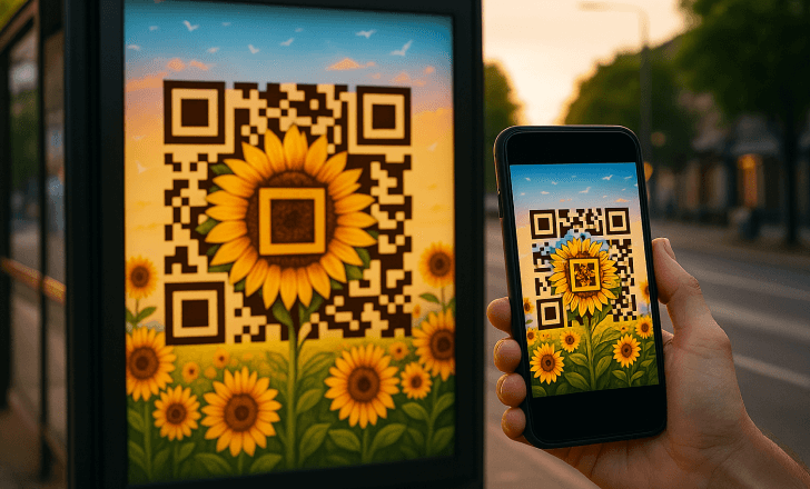 Person scanning an artistic AI-generated sunflower QR code displayed on a bus stop poster at sunset.