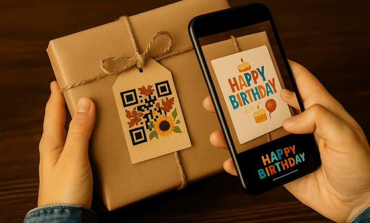 Person scanning an artistic QR code on a birthday gift tag with a smartphone displaying a _Happy Birthday_ message.