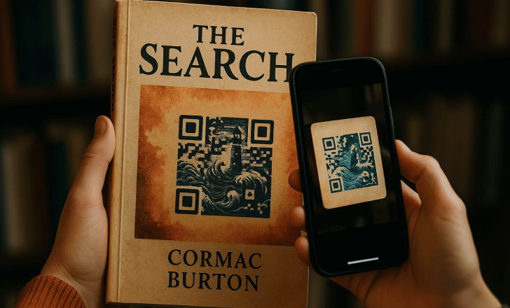 Person scanning an artistic QR code on a book cover with a smartphone in a cozy library setting.