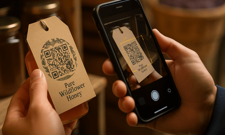 Person scanning an artistic QR code on a handcrafted honey jar label with a smartphone.
