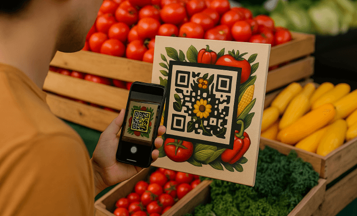 Person scanning an artistic QR code on a produce sign at a farmer’s market.