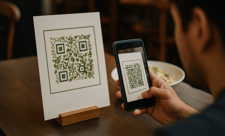 Person scanning an artistic QR code with greenery design on a restaurant menu using a smartphone.