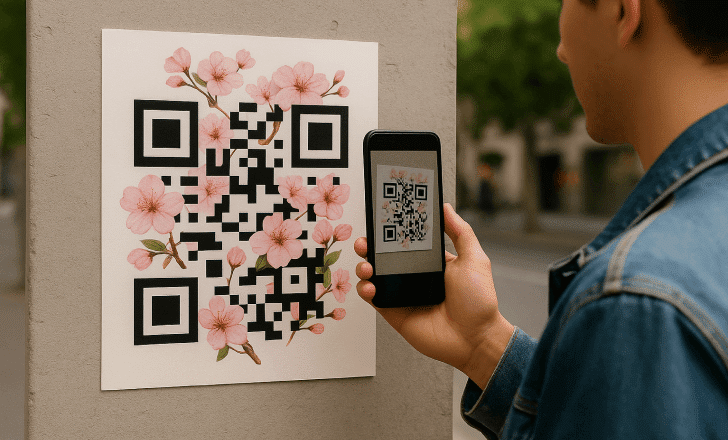 Person scanning an artistic cherry blossom QR code on a street poster.