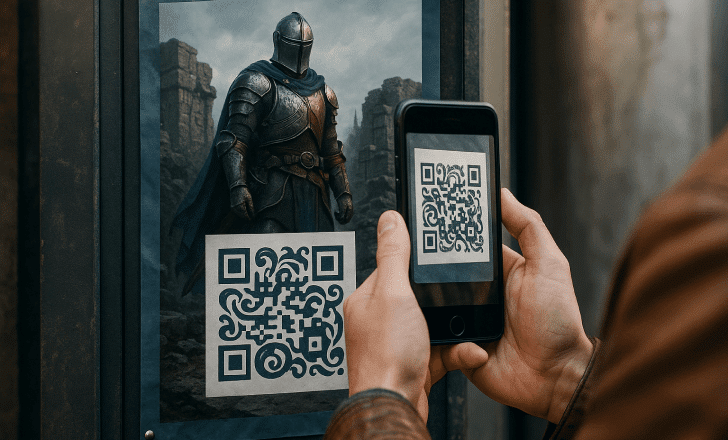 Person scanning artistic QR code on poster with AR knight demo