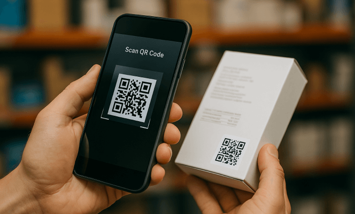 Person scans a QR code on a white product package using a smartphone, with the phone screen displaying the scanning interface.