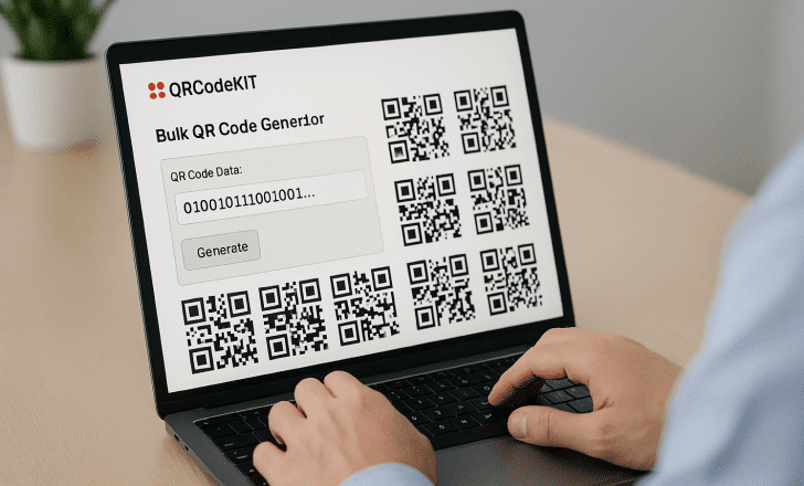 Person sitting at a desk using a computer to generate multiple QR codes with QR Code KIT for supply chain applications.
