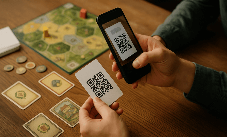 Player scanning a QR code card during a hex-tile strategy board game to access tutorial or modular content