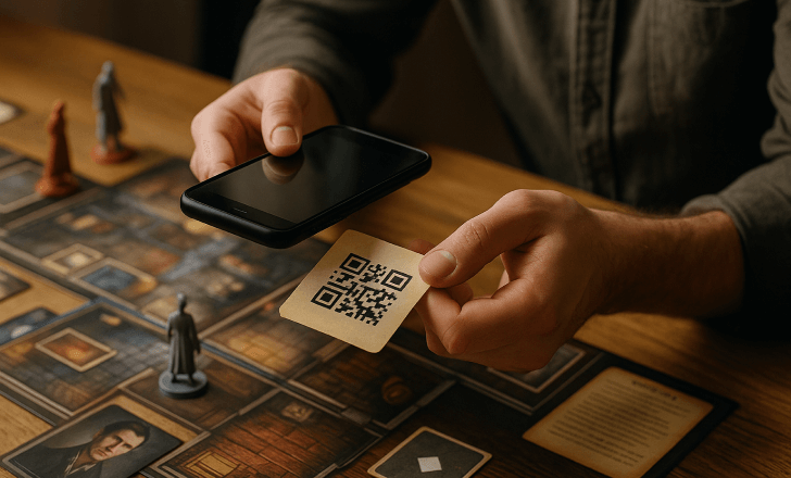 Player scanning a mysterious QR code card in a narrative-driven board game with castle-themed tiles and miniatures