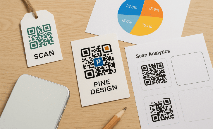 Printed QR code templates, analytics sheets, and a product tag laid out on a wooden desk with a pencil.