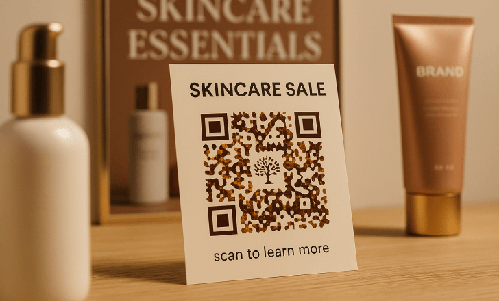 Printed promotional card with an AI-generated QR code for a skincare sale, surrounded by cosmetic products on a wooden surface.