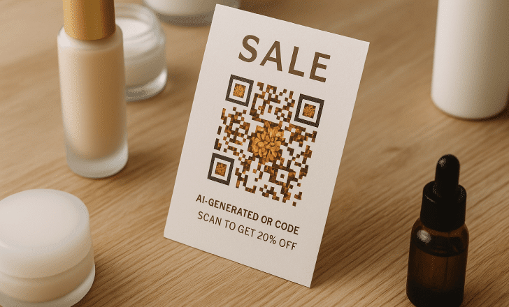 Promotional skincare sale card with an artistic AI-generated QR code, surrounded by cosmetic products on a wooden surface.