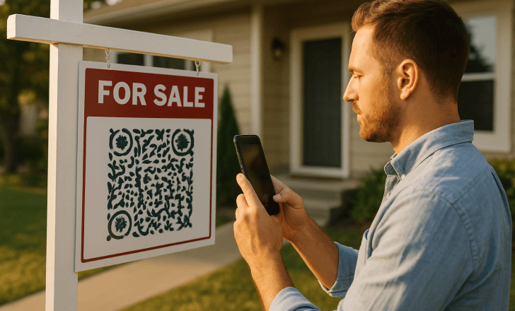 Real estate agent scanning an artistic QR code on a For Sale sign with a smartphone in front of a suburban home.