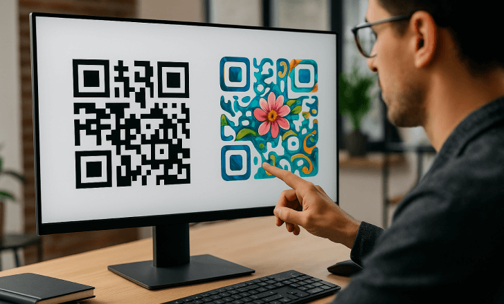 Regular QR code and artistic AI-generated QR code side by side on a screen
