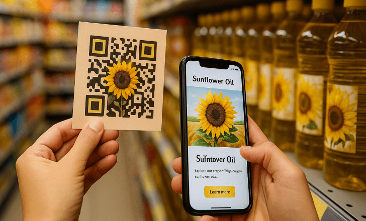 Scanning artistic QR code on flyer with sunflower oil landing page on phone