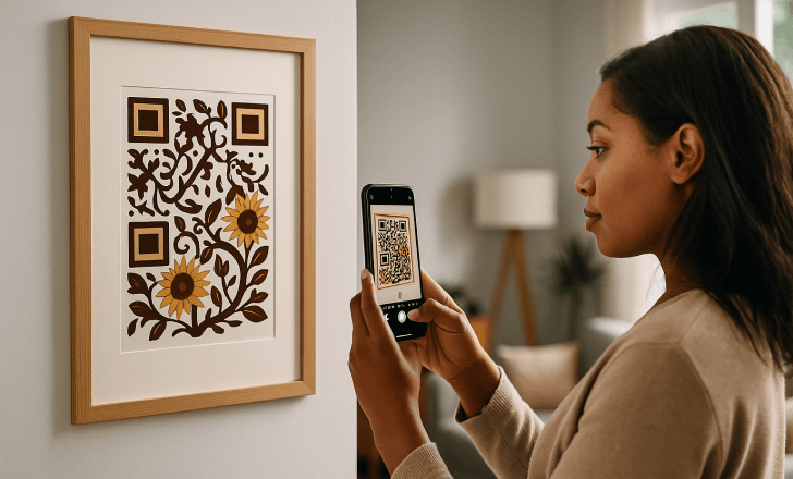 Six QR code cards with different color combinations diWoman scanning an artistic QR code framed as wall artsplayed on a wooden surface