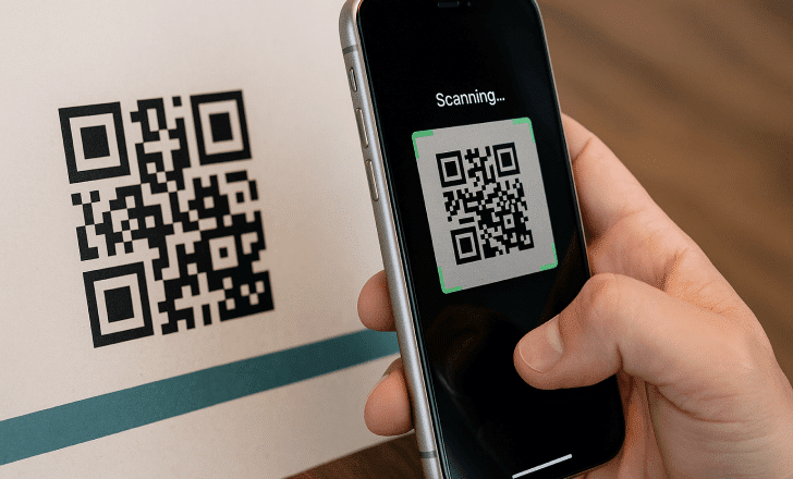 Smartphone actively scanning a printed QR code on a beige surface