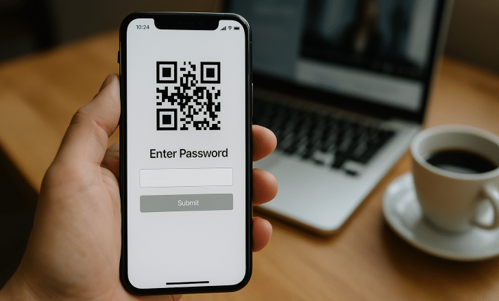 Smartphone displaying a QR code with a password entry prompt in a work setting