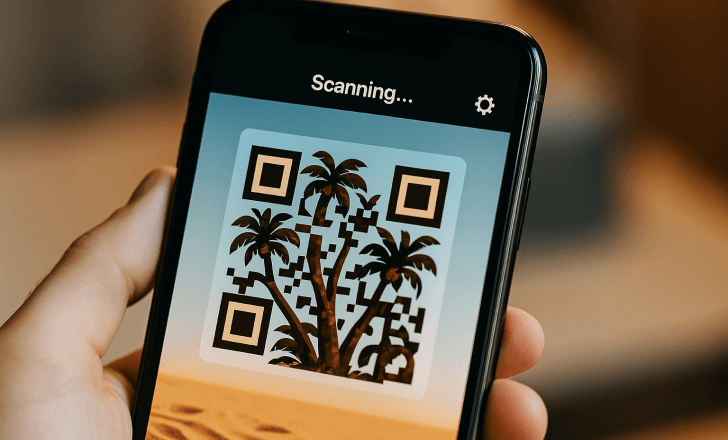 Smartphone scanning an artistic QR code with palm tree design