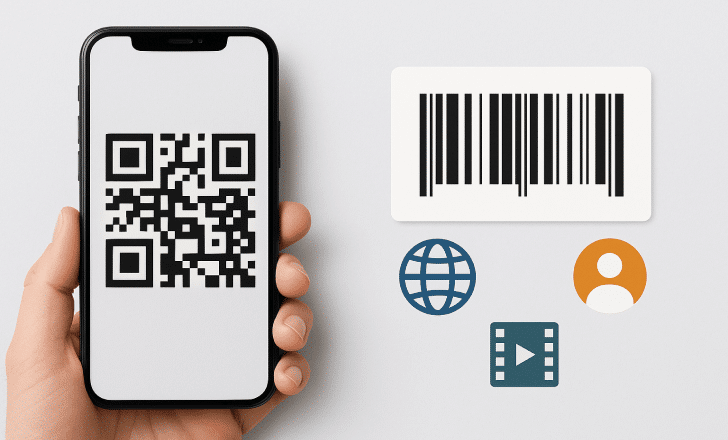 Smartphone showing a QR code next to a traditional barcode and icons for URL, contact, and multimedia content
