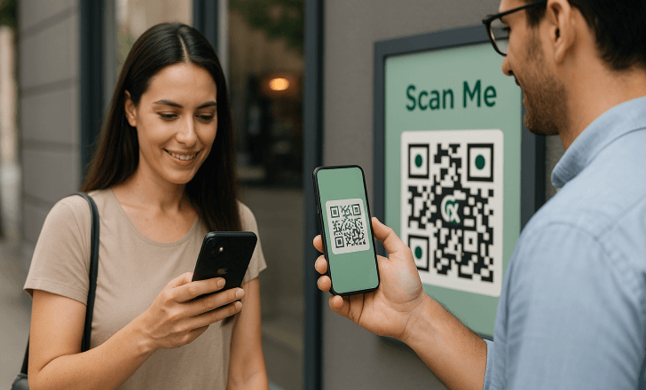 Smiling woman and man interacting with QR codes outside a shop in a city setting.