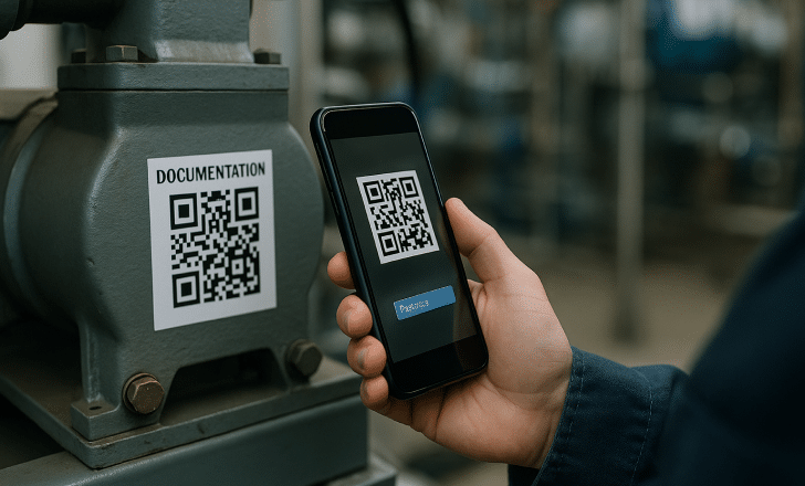 Technician scanning a QR code labeled documentation on industrial machinery