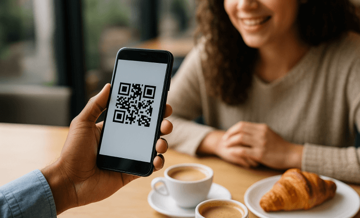 Two people at a cafe table viewing a QR code on a smartphone, smiling and engaged