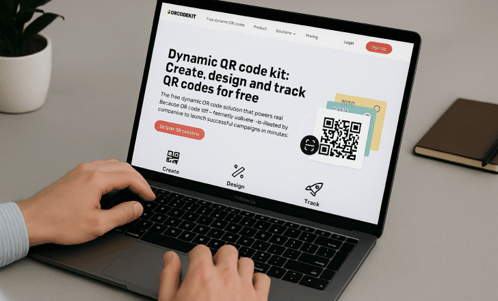 User browsing the QR Code KIT homepage on a laptop, showing tools to create, design, and track QR codes