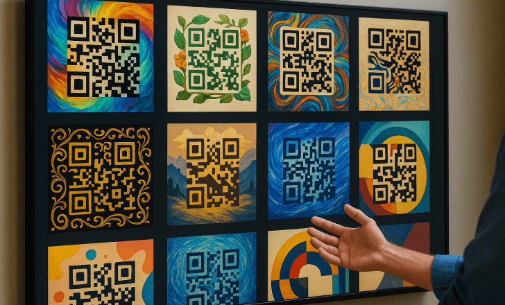 Wall display of nine artistic QR codes in different styles and colors, with a person’s hand pointing at the designs