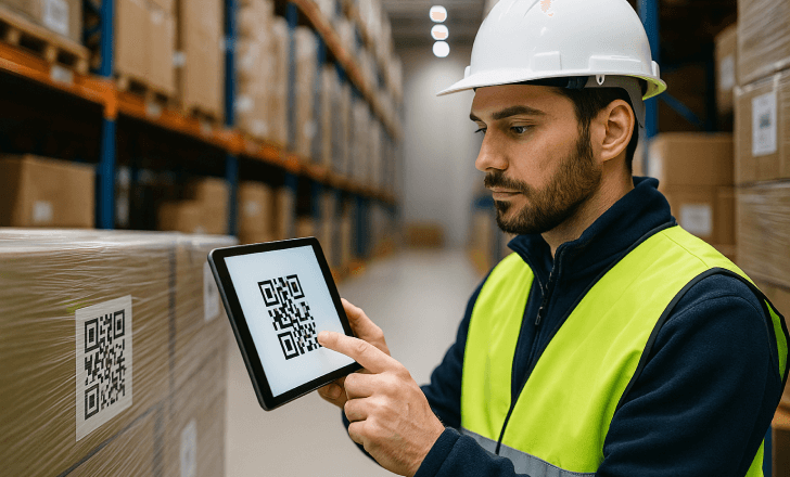 Warehouse employee scans a QR code attached to a large industrial drum, using a handheld device in a clean, organized facility.
