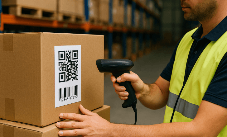 Warehouse worker in a reflective vest scans a QR code and barcode on a cardboard box using a handheld scanner, with shelves of boxes in the background.