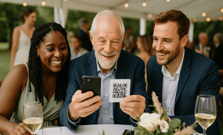Wedding guests at an outdoor reception happily scan a QR code card together at their table