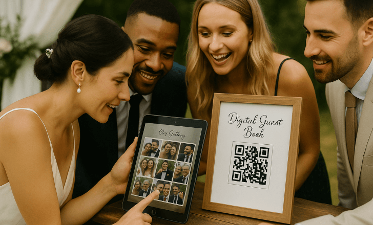 Wedding guests browsing a shared digital photo album with guest portraits on a tablet linked by QR code