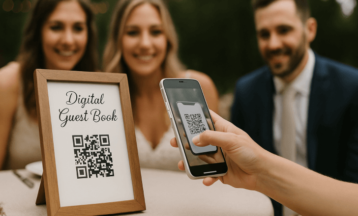 Wedding guests interact with a digital guest book by scanning a QR code displayed in a wooden frame