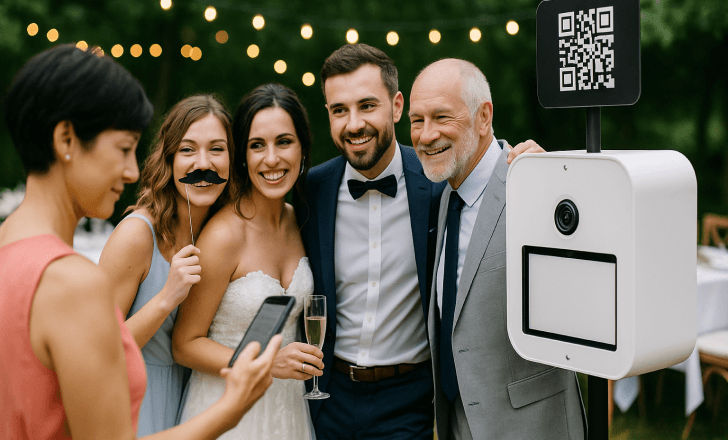Wedding guests posing at a photo booth station with a QR code sign and playful props under string lights